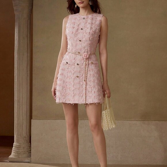 Pink Elegant Women's Tweed Button Up Dress - Picture 5 of 6